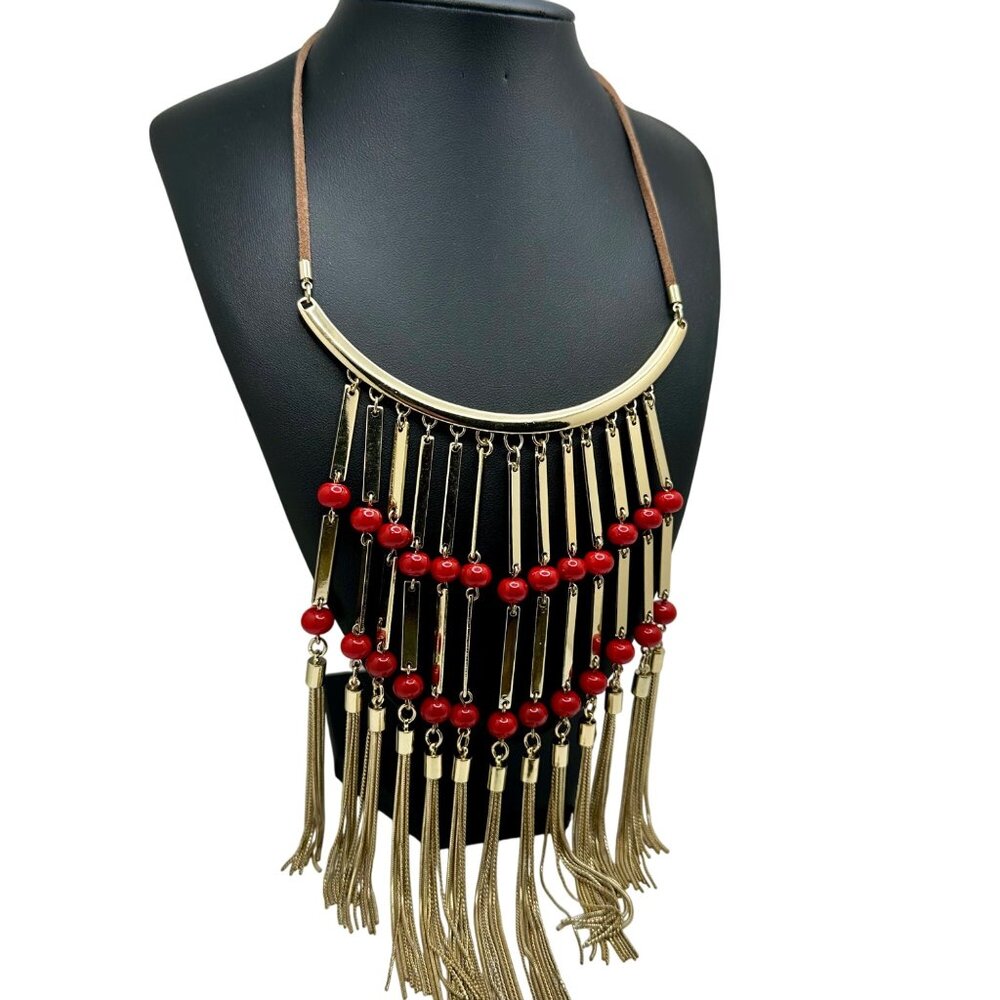 Chico's Necklace Jewelry Bib Statement Red and Gold Tone Fringe Tassel 21" - Picture 2 of 7